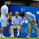 17.06.2012 Aegon Tennis Championships Queens Club London UK Final: Marin Cilic CRO vs David Nalbandian ARG David Nalbandian ARG causes injury to a line judge and is defaulted in the second set of the final for a code court violation