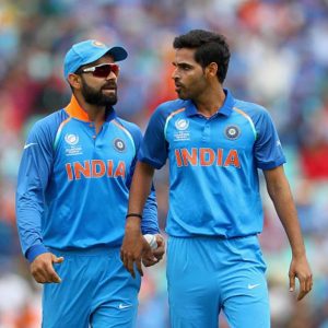 Bhuvneshwar Kumar bowls from behind the wickets