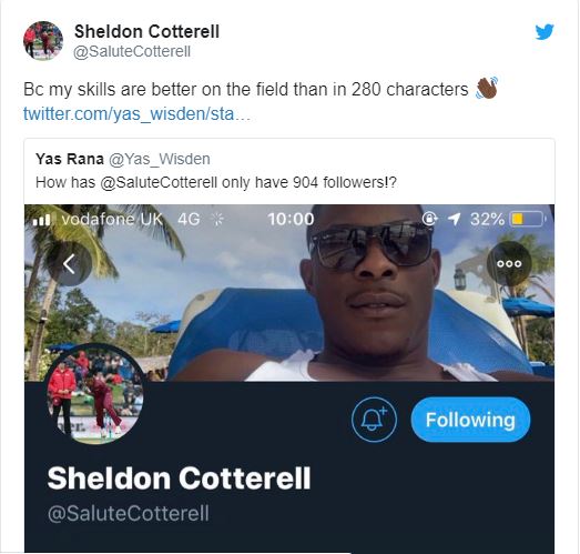 Sheldon Cottrell gives befitting reply to fan questioning on his few number of followers on Twitter