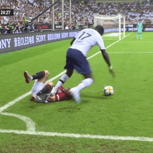 Tottenham's Moussa Sissoko stamps on Daniel James during pre-season friendly against Manchester United