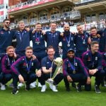 Triple H presents the English Cricket Team with a custom WWE championship belt following their maiden World Cup triumph