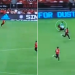 Aaron Wan-Bissaka darts back to win the tackle against losing the ball up the field