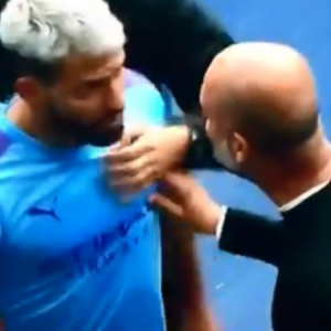 Sergio Aguero argues with Pep Guardiola after being subbed