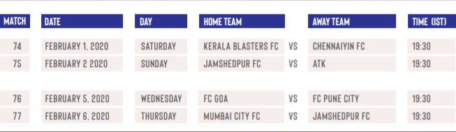 ISL 2019-20 Fixtures and schedule
