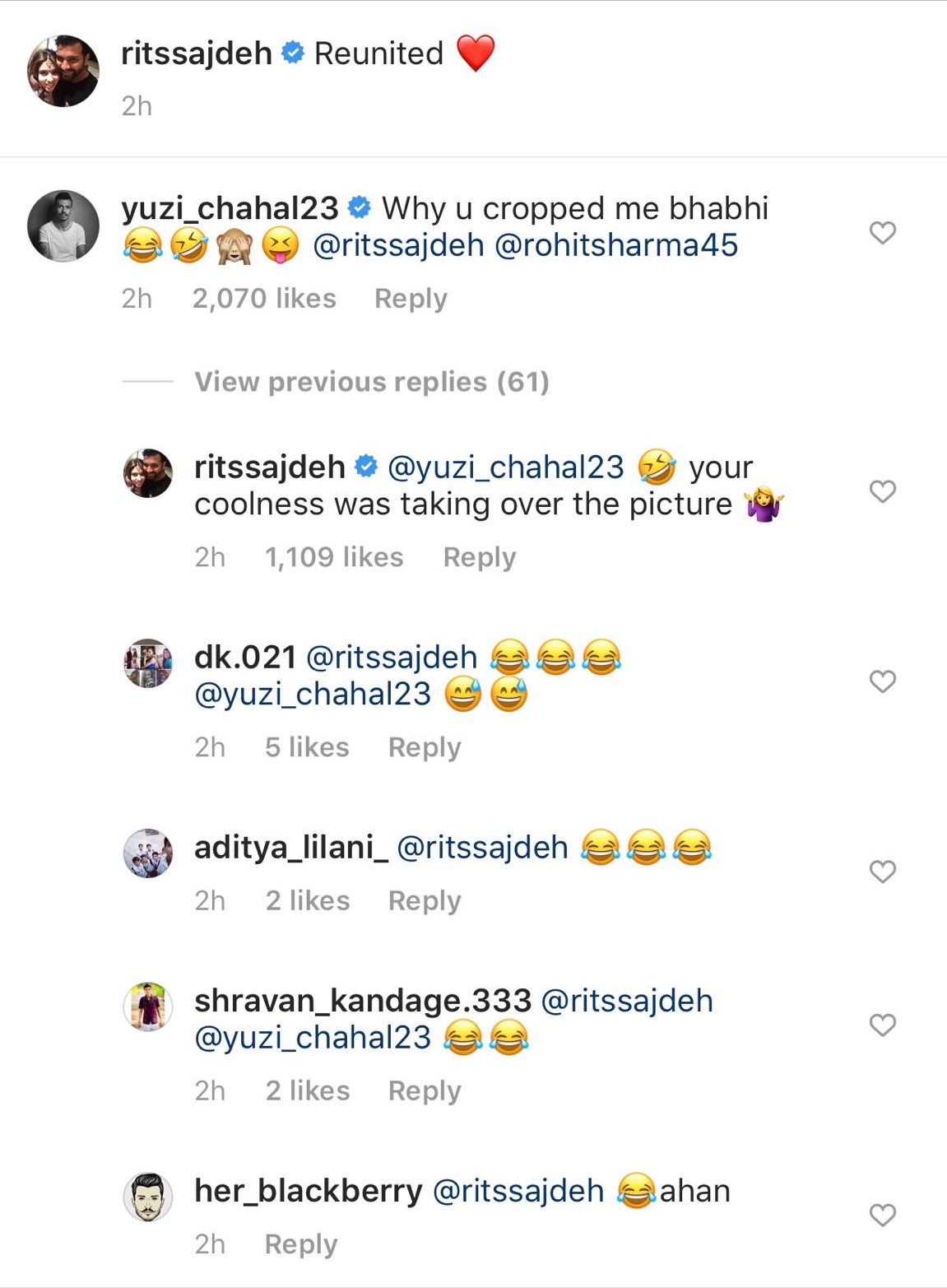 Yuzvendra Chahal involved in hilarious banter with Ritika Sajdeh on Instagram