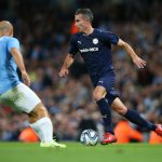 Van Persie wore Manchester United shin pads as he starred with an assist and a goal in Kompany’s testimonial last night