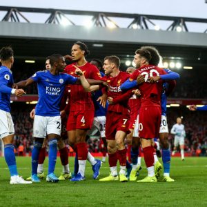 Liverpool and Leicester City players engage in a bust-up after full time whistle