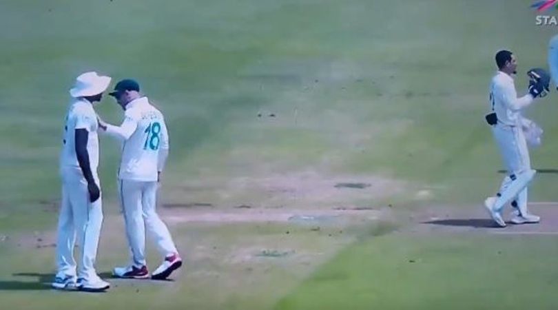 Faf Du Plessis intervenes while Quinton De Kock and Kagiso Rabada engage in exchange of words