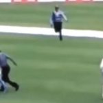 Fan invades pitch to hug Quinton De Kock an touch his feet back on his way forgets slipper, cricketer returns it to him