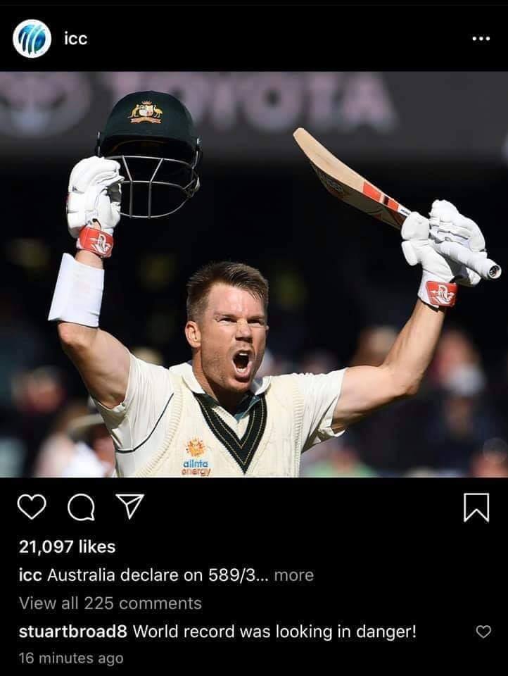 Stuart Broad reacts on Tim Paine's declaration denying David Warner of world record in Adelaide