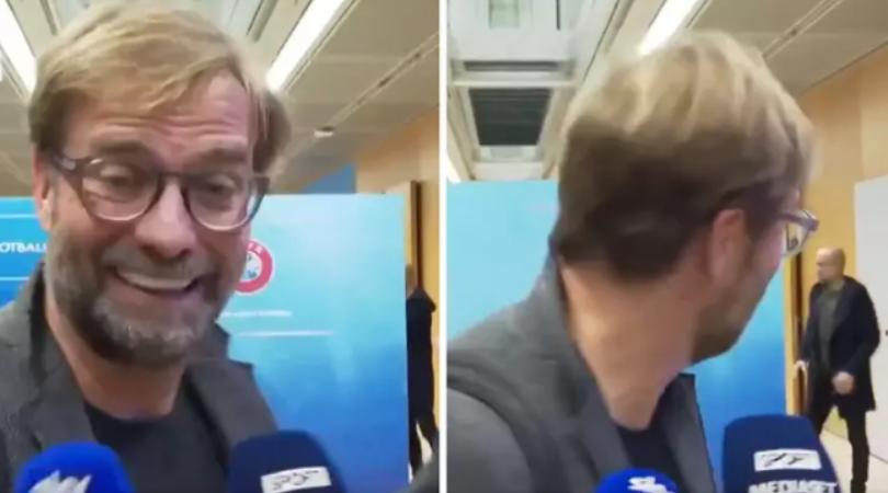 Jurgen Klopp’s reaction to seeing Pep Guardiola behind him at the UEFA conference leaves fans in stitches