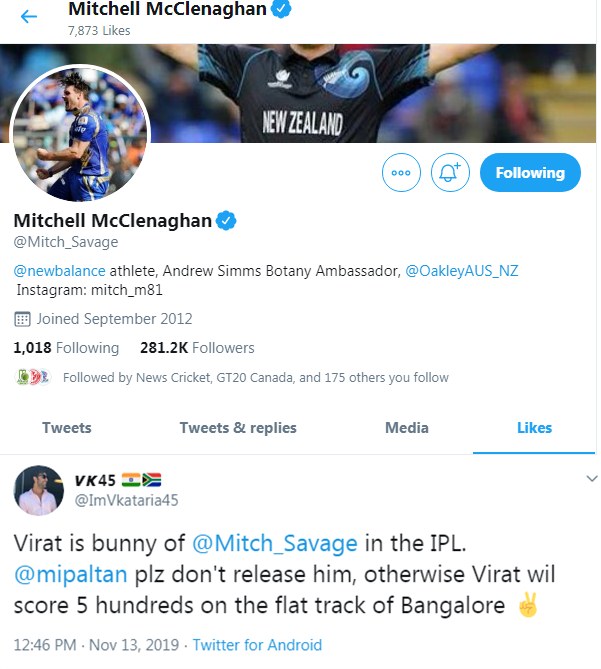 Mitchell McClenaghan likes fan's tweet which claims Virat Kohli to be his 'bunny'