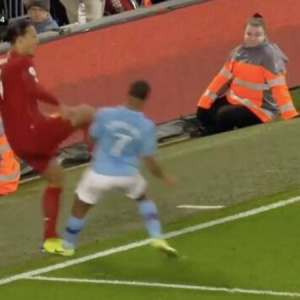 Watch Raheem Sterling intentionally stamp Van Dijk, receive no card