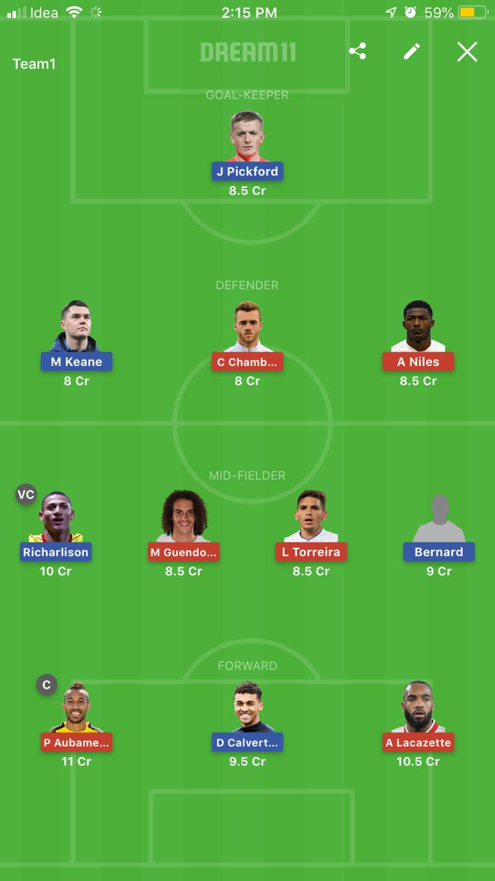 EVE vs ARS Dream 11 Match Prediction: Everton vs Arsenal best Dream 11 Team for EPL 2019-20  EVE vs ARS Dream 11: Rejuvenated Arsenal take on Everton at Goodison Park  Two sides beginning a new era under respectives coaches to clash on Saturday in the matchweek 18 opening game at Goodison Park. Mikel Arteta who was announced as the Gunners Head Coach is expected to take charge immediately, whereas the Saturday fixture would see Everton’s caretaker boss Duncan Ferguson in action.  Duncan Ferguson has already helped the Toffees earn four points in their  last two EPL fixtures against Manchester United and Chelsea. Last minute heroics against Leicester City in the Carabao Cup quarter finals has certainly boosted Ferguson & Co’s confidence to take on wounded Arsenal. Finding themselves just three points above the relegation zone, Ancelotti’s move would be a last throw of the dice for the home team.   On the other hand, Arsenal who failed to turn things around under Freddie Ljungberg would hope for a stability under Arteta. Arteta who has bravely walked his way in as the Gunners head coach will have to build new strategies to get his new side back to winning ways. Since October 2019 Arsenal have managed only three wins in the EPL and also lost the same fixture earlier this year in April.             Team News  Everton Injuries: Theo Walcott (Calf Injury), Morgan Schneiderlin (Calf Injury) Fabian Delph (Hamstring) Doubtful: Lucas Digne (Muscle), Djibril Sidibe & Gylfi Sigurdsson (both Illness)  Arsenal Injuries: Dani Ceballos (Hamstring Injury), Saed Kolasinac (Ankle Injury), Kieran Tierney (Shoulder Injury) Suspension: Sokratis Papastathopoulos (One Match) Doubtful: Hector Bellerin (Hamstring), Rob Holding (Knee), Mesut Ozil (Foot)   Predicted Line Ups  Everton: Pickford, Coleman, Keane, Mina, Baines, Holgate, Davies, Iwobi, Richarlison Bernard/Sigurdsson and Calvert-Lewin  Arsenal: Leno, Chambers, Mustafi, Luiz, Maitland-Niles, Guendouzi, Torreira, Xhaka, Pepe, Lacazette and Aubameyang  Match Details  English Premier League 2019-20 Match: Everton vs Arsenal Date and Time: 21st December, Saturday 06:00 PM IST Venue: Goodison Park, Liverpool, England  Pivotal Players  Everton: Richarlison, Calvert-Lewin and Bernard/Sigurdsson Arsenal: Lacazette, Aubameyang and Torreira EVE vs ARS Dream 11 Goalkeeper Jordan Pickford has had mammoth 73 saves in all competitions this season.  With 3 clean sheets Pickford will have a home ground advantage on Saturday. I feel Everton at the moment has a better defensive unit as compared to injury hit Arsenal; this would work in favour of Pickford to keep the goal count as low as possible.  EVE vs ARS Dream 11 Defenders Djibril Sidibe who has had 11 clearances and an average of 4.1 tackles per game is my first choice of defenders, but since he is down with illness and is doubtful for Saturday's game I am forced to go with Michael Keane, Calum Chambers and Ainsley Maitland-Niles. Keane has already scored and assisted a goal in the EPL this season, to add to his contribution he has also completed 638 passes and has made 57 clearances.  Chambers has scored a goal in the EPL and has managed to complete 691 passes along with his 34 clearances for Arsenal in his 12 appearances. Maitland-Niles in his 8 appearances has assisted 2 goals, completed 396 passes and cleared dangerous attacks on 19 occasions. In case Sidibe starts I would swap him with Maitland-Niles.  EVE vs ARS Dream 11 Midfielders As Sigurdsson is doubtful to start on Saturday I would bring in Bernard. The Brazil international has scored twice and assisted once for the home team and has completed 210 passes in his 11 appearances. Richarlison, another talented Brazilian is an obvious choice for me in his 17 EPL appearances this season he has scored 6 goals and assisted 2 goals; 3 out of his 6 goals have been scored at Goodison Park.   Matteo Guendouzi and Lucas Torreira will have added responsibilities as Arsenal start with a vulnerable defensive unit. Guendouzi in his 16 EPL appearances this season has completed staggering 968 passes, assisted a goal and has cleared 22 dangerous attacks for the Gunners. Torreira’s performances away from home has been Talismanic for Arsenal, he has scored in an away game already, with 91.2 passing percentage the young Uruguay international has completed 381 passes in the EPL this season.   EVE vs ARS Dream 11 Forwards Domnic Calvert-Lewin has scored 5 goals this season; with an average of 1.8 shots per game, Calvert-Lewin has had 11 shots in his last 3 appearances as compared to 13 shots in first 14 appearances in EPL.  With an average of 1.8 shots per game Alexander Lacazette has scored 5 goals and assisted 1 in his 10 appearances so far. Pierre-Emerick Aubameyang has carried Arsenal throughout this season. 7 out of 11 goals scored this season have been away from home for the Gabon striker. Aubameyang has scored 86% of Arsenal’s away goals.  EVE vs ARS Dream 11 Captain and Vice Captain With a staggering record this season in all competitions Pierre-Emerick Aubameyang is a go-getter for Arsenal, who has scored 2 times in the last 3 matches against Everton. Richarlison has been in terrific form for the hosts, he has scored 3 times in the last 4 matches. Considering the stats Aubameyang would be the Captain and Richarlison would be the Vice-Captain of my team.