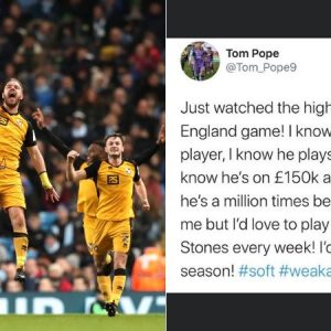 Tom Pope scores against John Stones during match against Manchester City, 7 months ago he tweeted about him
