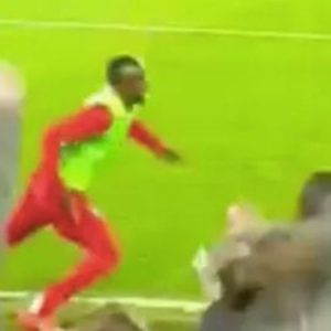 Sadio Mane celebrates more than Curtis Jones after latter scores against Everton