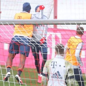 Jerome Boateng punches Leon Goretzka during a brawl in Bayern Munich's training