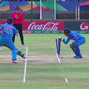 India vs Bangladesh U19 World Cup final Dhruv Jurel displays lighting fast reflexes off Ravi Bishnoi’s balling to stump Shahadat Hossain