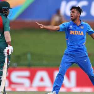 Ravi Bishnoi gives a send off to Towhid Hridoy in the U19 Cricket World Cup final