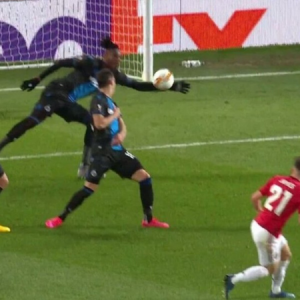 Simon Deli red card vs Man Utd Club Brugge defender sent off after hilarious handball and 5-minute long VAR check