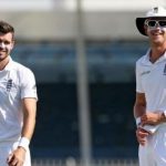 Stuart Broad and James Anderson react to model wearing cricket pads on ramp