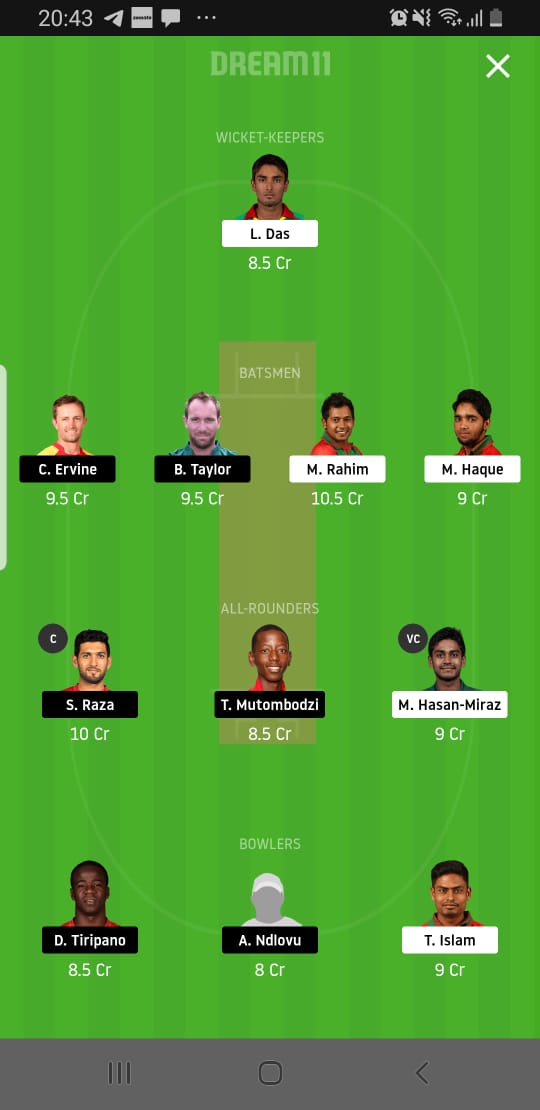 BAN Vs ZIM Dream11