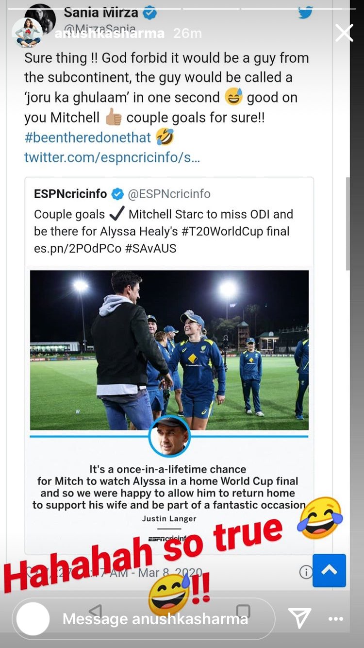 Sania Mirza lauds Mitchell Starc for watching Alyssa Healy's T20 World Cup final; takes a dig at subcontinent mentality