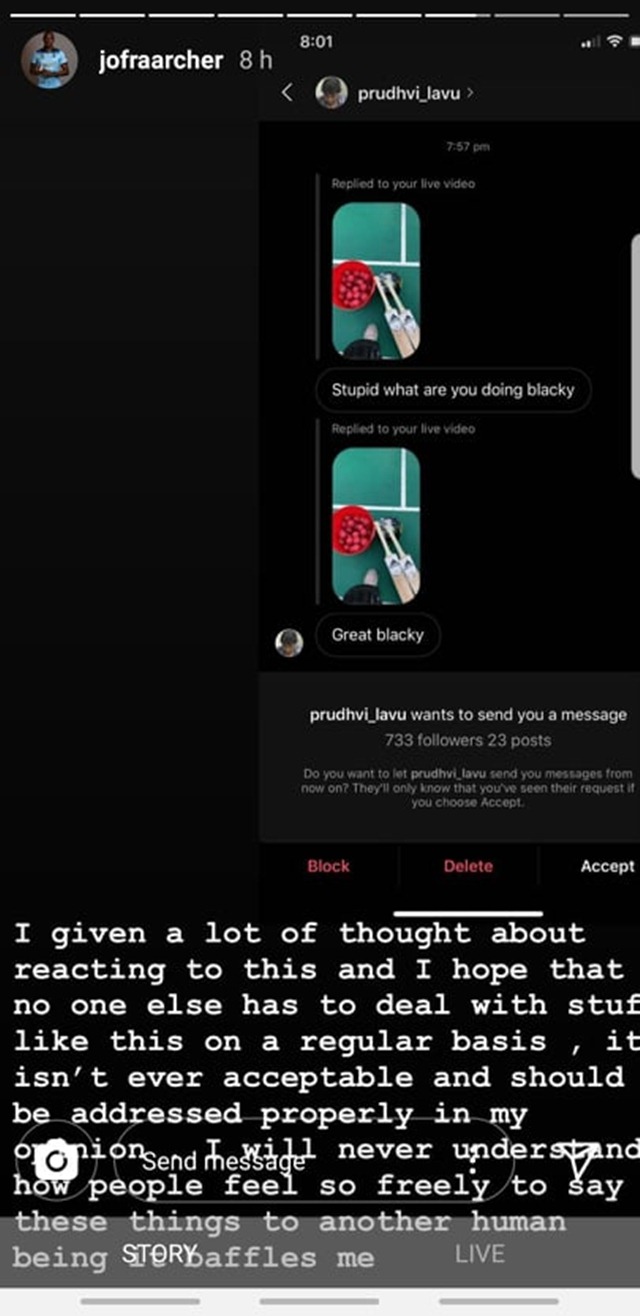 Jofra Archer baffled post racial slur by Indian fan on Instagram