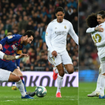 Marcelo makes a last-ditch tackle to prevent Lionel Messi from scoring in El Clasico and celebrates wildly
