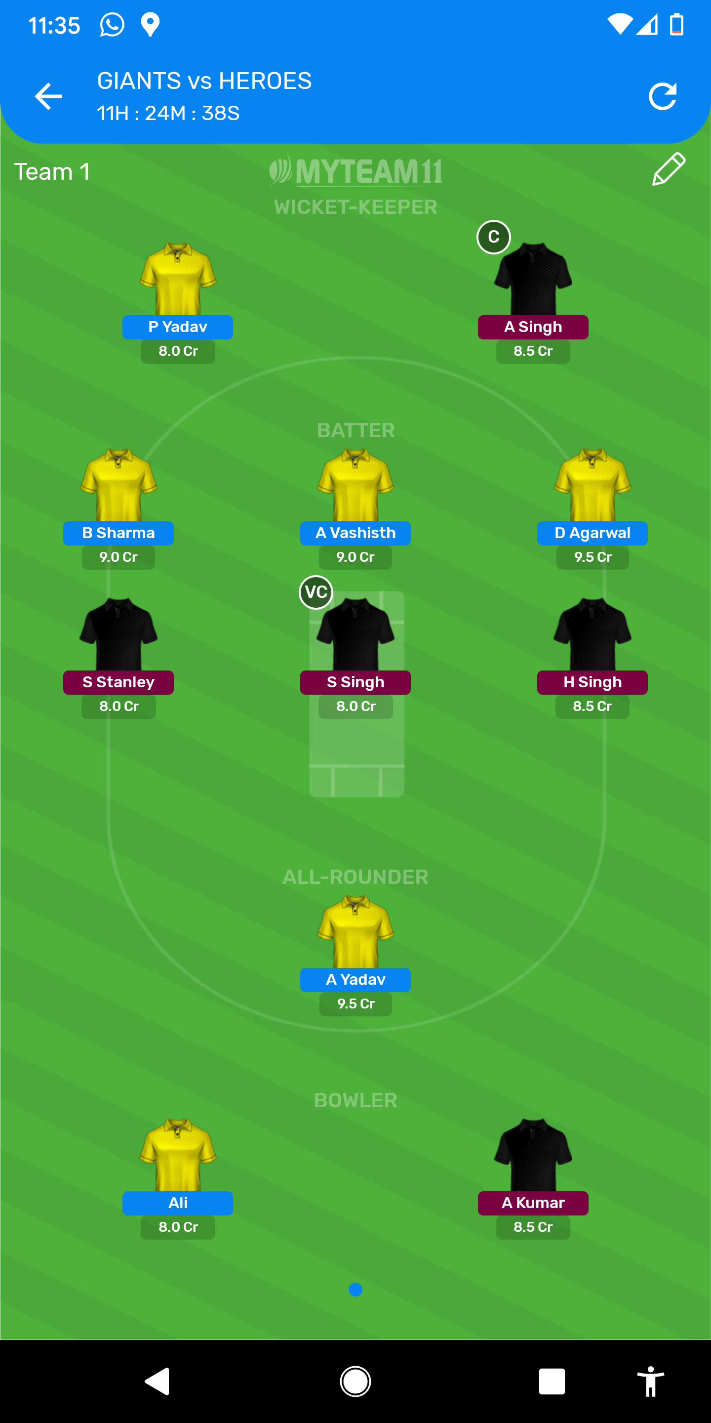 Giants vs Heroes My Team 11