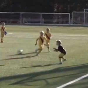 Footage of Lionel Messi and Luis Suarez's sons netting fabulous goals