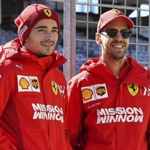 Watch: Sebastian Vettel appears for first time since announcing his departure; chats with Charles Leclerc