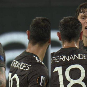 Bruno Fernandes and Victor Lindelof clash with each other as Man Utd crash out of Europa League