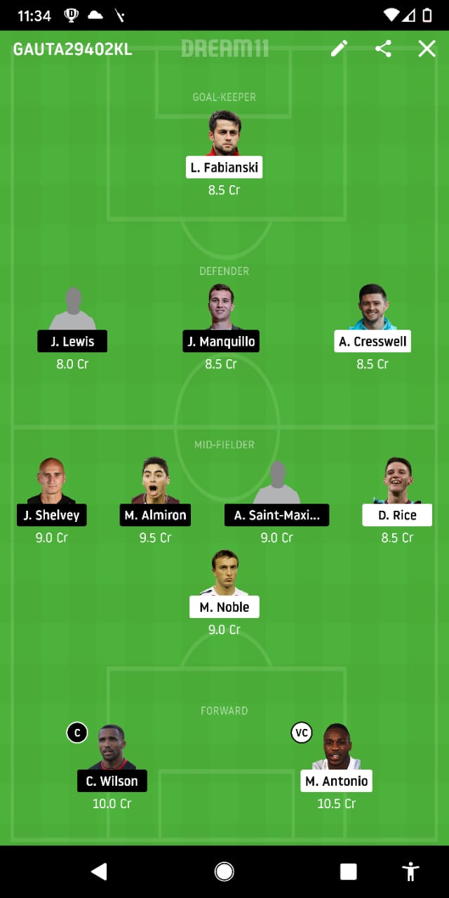 WHU Vs NEW Dream11