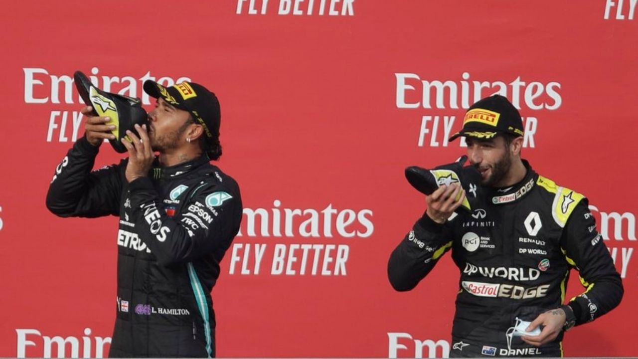 "Take your other shoe off"- Lewis Hamilton to Daniel Ricciardo before Shoey celebration