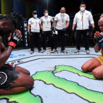 Uriah Hall cries in front of Anderson Silva after his TKO win at UFC Vegas 12