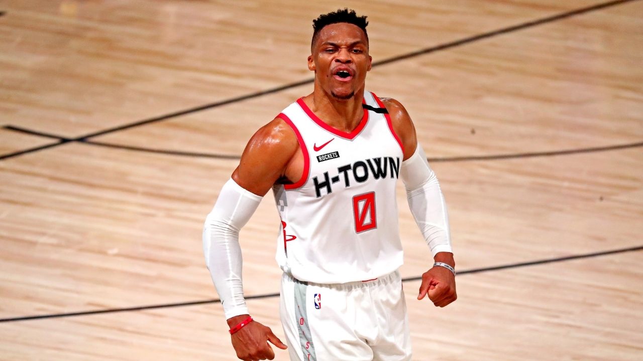 Russell Westbrook challenges the crowd after winning Game 1 of a playoff matchup with the Los Angeles Lakers