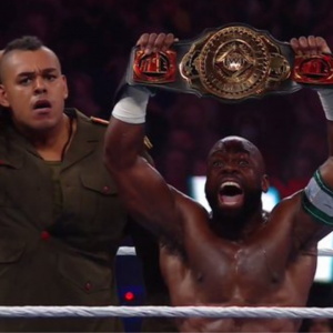 Dabba Kato interferes to help Apollo Crews beat Big E for the Intercontinental Championship at Wrestlemania 37