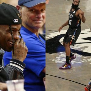 “So is Travis Scott a Nets fan now?”: NBA fans call out the Houston rapper for being a bandwagon fan after being seen rooting for James Harden and co in Game 1
