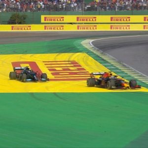 "He definitely squeezed him off the track!": Watch Lewis Hamilton and Max Verstappen almost collide at Interlagos in a thrilling Sao Paolo Grand Prix