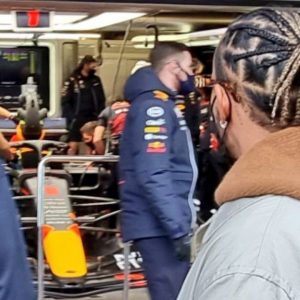 "Lewis giving the Red Bull garage a visit": Lewis Hamilton and Red Bull come face to face at Barcelona as the Mercedes star walks past Max Verstappen's car in the pit-lane