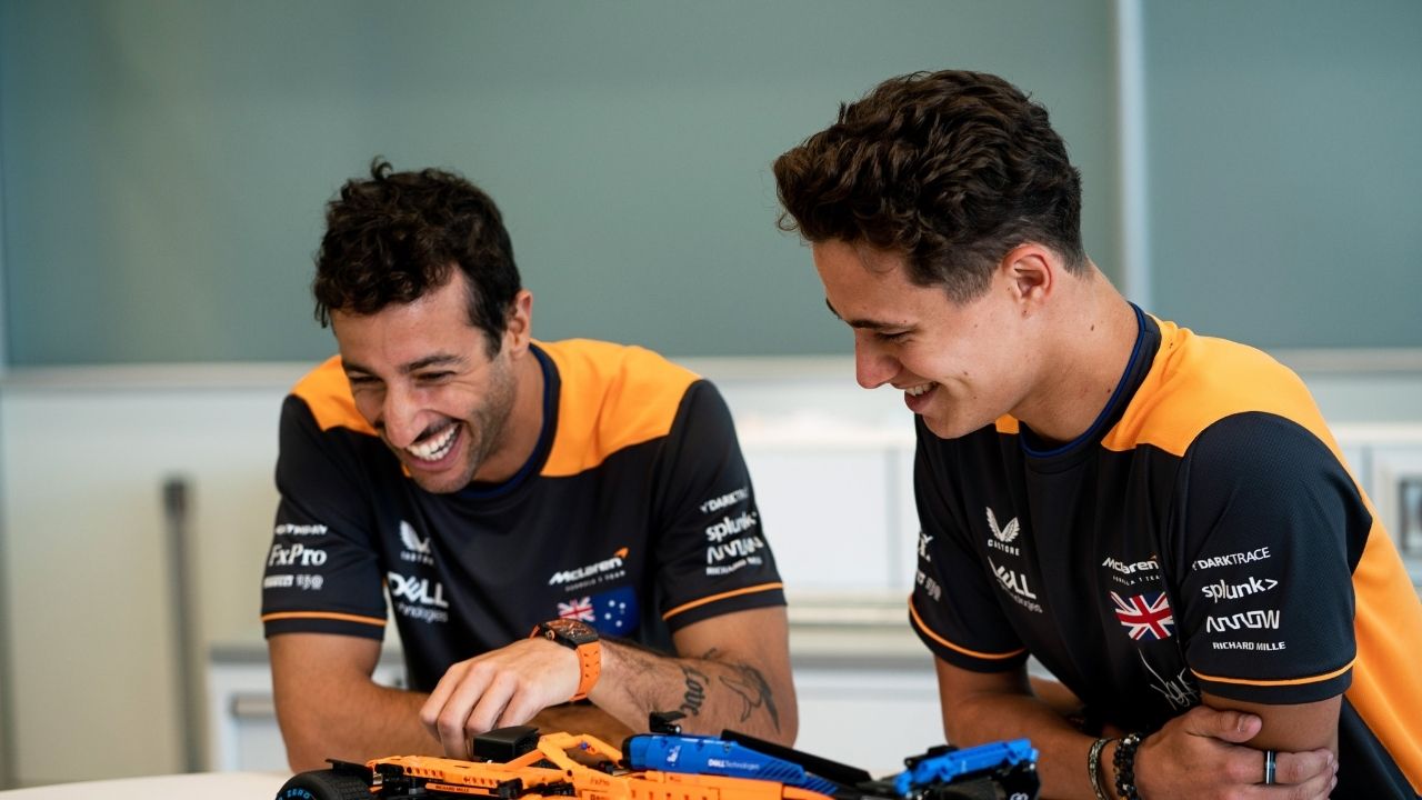 "Do you reckon I can fit in there?"– Daniel Ricciardo and Lando Norris have a peek at McLaren's MCL36 but in a miniature version