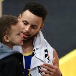 "Hey daddy, I wanna play too!": Stephen Curry has a hard time getting Canon Curry off the court, after Warriors trio get their All-Star rings from their kids