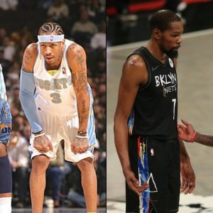 “Kevin Durant and Kyrie Irving get the ball first and they won’t ever give it back”: KD’s podcast host shockingly claims Carmelo Anthony and Allen Iverson remain scoreless in a 2v2