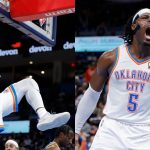 "Thunder with rebound after rebound.... and here comes Lu Dort over Stephen Curry": The 22-year old collects OKC's 6th consecutive rebound with a putback slam over the baby faced assassin 