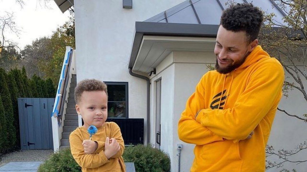 "Hey daddy, I wanna play too!": Stephen Curry has a hard time getting Canon Curry off the court, after Warriors trio get their All-Star rings from their kids