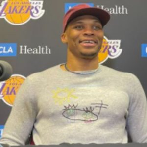 "Russell Westbrook, Father extraordinaire!" : The Lakers point guard cannot stop glowing about wearing his son's design on his sweater during his press conference