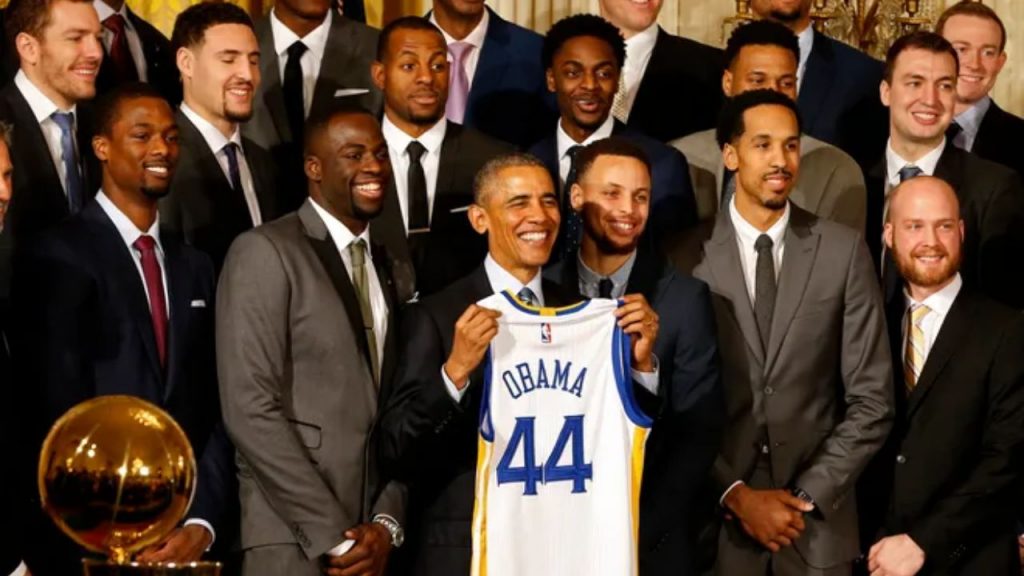 Nov 10, 2015; Washington, DC, USA; at President Barack Obama speaks at ceremony honoring the 2015 NBA champion Golden State Warriors on the South Lawn at the White House. Mandatory Credit: Geoff Burke-USA TODAY NETWORK