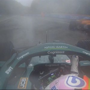 Sebastian Vettel checks on Lando Norris after his $100,000 McLaren crash at the 2021 Belgian Grand Prix