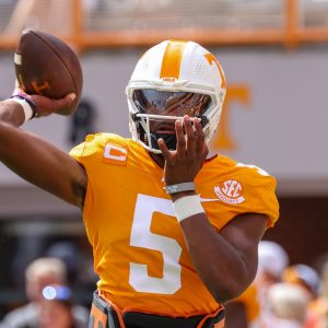 Sep 24, 2022; Knoxville, Tennessee, USA; Tennessee Volunteers quarterback Hendon Hooker (5) warms up before the game against the Florida Gators at Neyland Stadium.